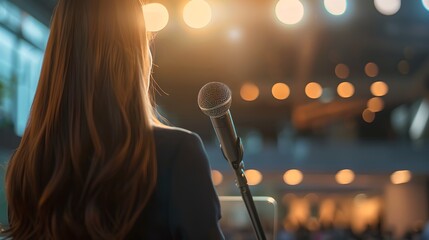 Female Speaker at Event Ready to Address an Audience. Inspirational Speech Moment Captured. Warm, Focused Lighting Highlights Confidence and Preparation. AI
