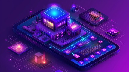Modern illustration of a smart home isometric. Control center for surveillance and home monitoring, mobile phone screen with purple house icon and ultraviolet website URL. - obrazy, fototapety, plakaty