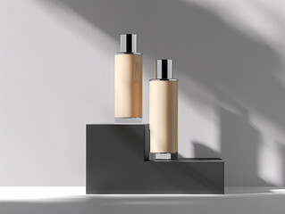 Two bottles of lotion are displayed on a black pedestal