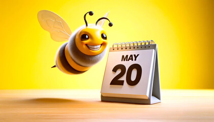 Cheerful Bee Flying Near Calendar. May 20, World bee day concept
