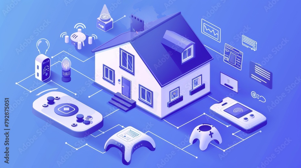 Poster conceptual illustration of a smart home with an isometric remote controller and an ai chatbot to con