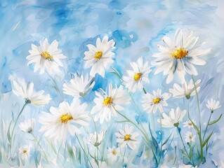 A whimsical portrayal of daisies, with petals in light whites and yellows, conveys simplicity and purity, set against a clear blue sky