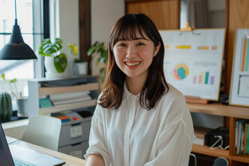 A determined Japanese startup leader girl stands at her home workplace table, surrounded by marketing financial reports and a laptop computer. With a toothy smile, she poses for the camera