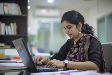 A diligent Indian corporate manager carefully sorts through paperwork while effectively managing tasks on a laptop in the office, highlighting her meticulousness