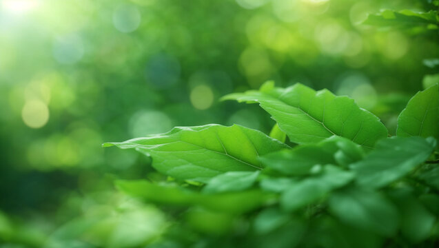 A close up of green leaves of a tree with the sun shining through them