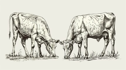 There are two vintage engraving farm animal sketches in this collection. A cow is eating grass while the other is standing still.