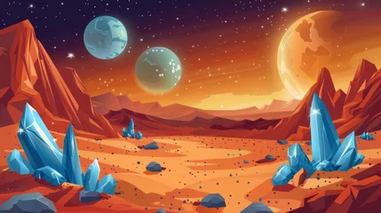 Foto op Aluminium Martian extraterrestrial computer game backdrop, blue crystals on sky, two suns on ocher ground surface. Mars landscape background. © Mark