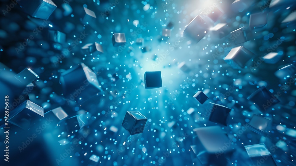 Aufkleber abstract blue cubes exploding in space, dynamic and futuristic concept. digitally generated image pe