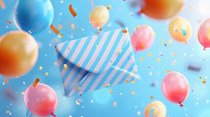 The banner is designed with a blue striped envelope and flying balloon decorations to depict the spirit of gratitude for dads on Father's Day.