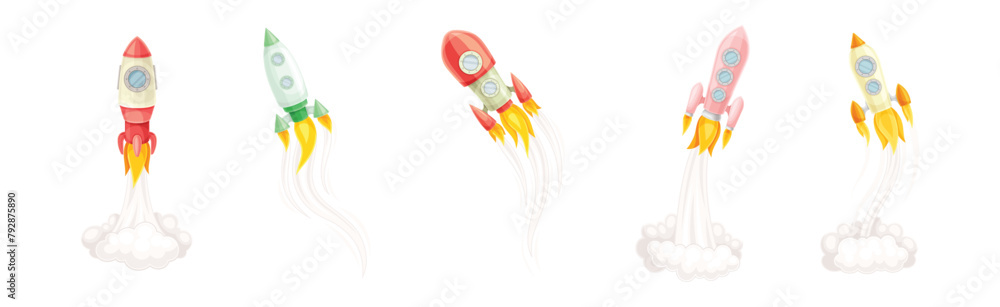 Poster rocket as spacecraft with engine exhaust launching and flying in space vector set
