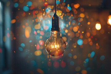A solitary lightbulb hangs suspended from the ceiling, its filament glowing softly with a warm, golden light. Around the lightbulb, a flurry of colorful thought bubbles and abstract shapes - obrazy, fototapety, plakaty