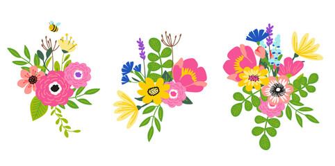 Hand drawn colorful vector floral elements in flat color. Set of spring and summer wild flowers, plants, branches, leaves and herb. 