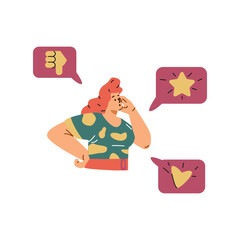 A vector icon with a girl who chooses between a high and low rating in an service review