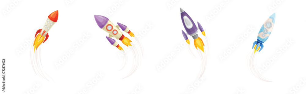 Poster rocket as spacecraft with engine exhaust launching and flying in space vector set