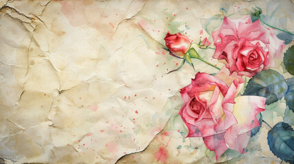 Watercolor textured worn old paper with torned roses on borders