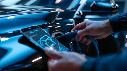 Hands Aligning Charging Cable with Electric Car Port Smartphone Screen Displaying Analytics