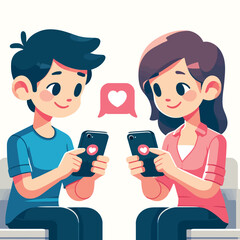 Fototapeta premium illustration of man and woman with smartphones sending love messages