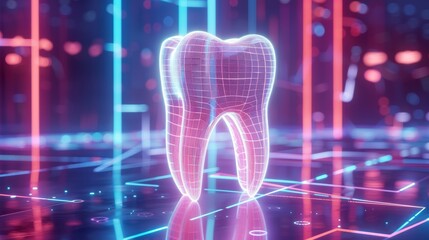 3D render of tooth icon on digital background, AI generative technology concept.