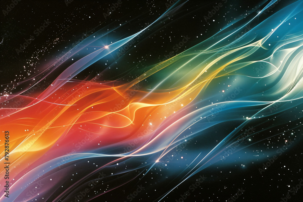 Poster vibrant abstract light streams with sparkling particles on a black background. ethereal cosmic wave 