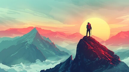 Climber with backpack standing on top of mountain illustration, epic scene - obrazy, fototapety, plakaty