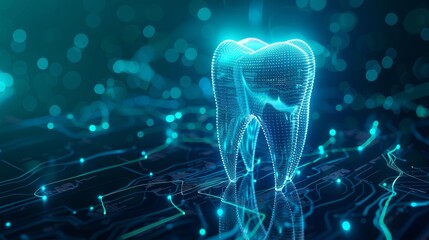 3D render of tooth icon on digital background, AI generative technology concept.
