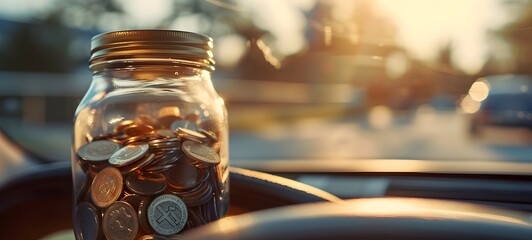 Obraz premium Shiny Coins in a Glass Jar Nestled on a Car s Dashboard Highlighting the Financial Concept of Saving and Investing
