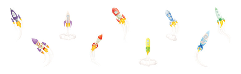 Rocket as Spacecraft with Engine Exhaust Launching and Flying in Space Vector Set