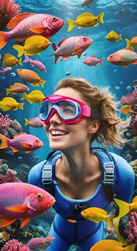 Woman discovers the colorful life underwater with fascination. Diving in a beautiful reef with diverse species of fish and corals. A vertical video of life in the ocean depths.