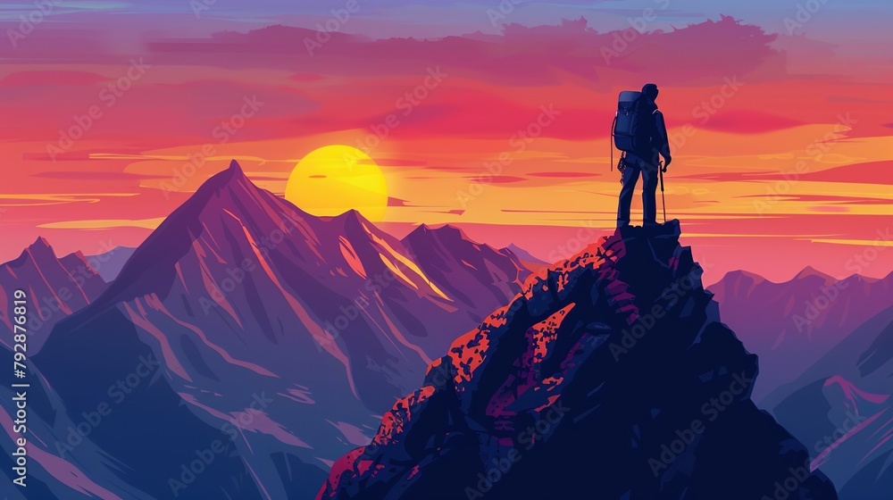 Sticker climber with backpack standing on top of mountain illustration, epic scene