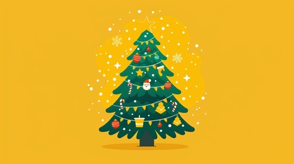 The ornaments of a fully decorated Christmas tree are laid on top of a yellow background in a flat style