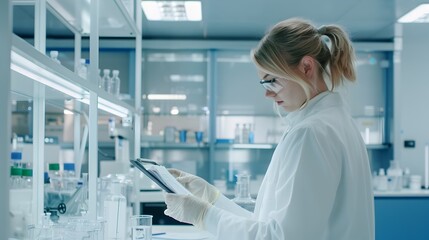 Talented Female Medical Researcher Intently Examining Samples and Taking Notes in a Pristine Well...