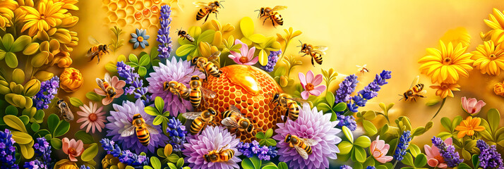 May 20, World bee day. A lively swarm of bees is illustrated in a sea of vibrant flowers and honeycomb, celebrating the beauty and importance of pollination - 792876843