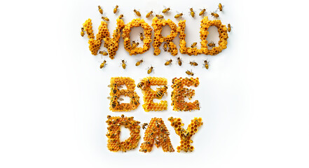 Honey bees are hovering over a honeycomb that spells out the word "world bee day" on white background. May 20th, World bee day concept