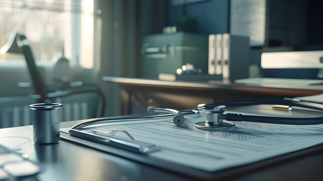 Tranquil Workspace Closeup of Stethoscope on Physician s Desk with Blurred Medical Records in Refined Atmospheric Lighting