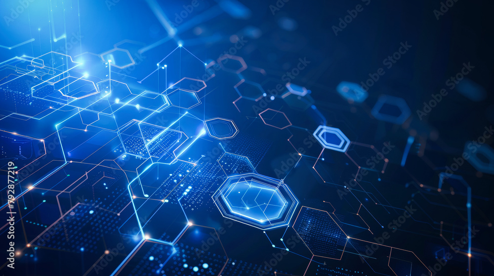 Poster a blue abstract technology background with white hexagon and circuit lines