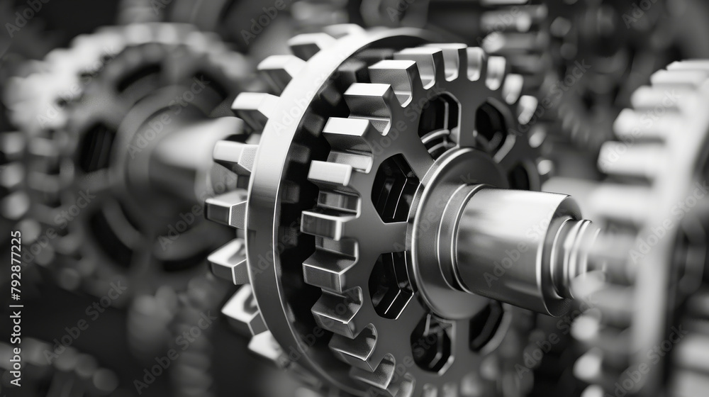 Poster closeup of gears and cogs of machines in motion, engineering concept
