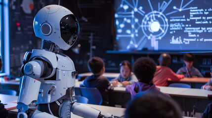 In a futuristic classroom, a robot teacher stands before a group of young students, delivering a lesson with precision and warmth. The evolution of education in a future world. Generative AI.