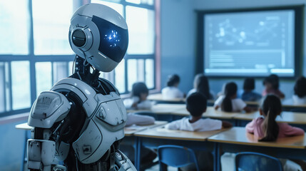 In a futuristic classroom, a robot teacher stands before a group of young students, delivering a lesson with precision and warmth. The evolution of education in a future world. Generative AI.