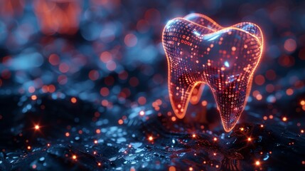 3D render of tooth icon on digital background, AI generative technology concept.