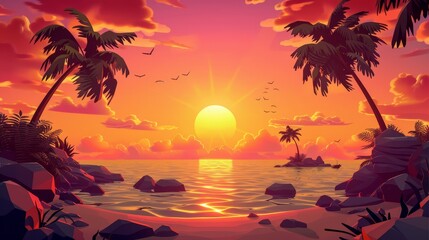 Sunrise sky in ocean on tropical island, orange pink heaven with sun going up sea. Beautiful landscape with sun, shining above water. Cartoon modern background.
