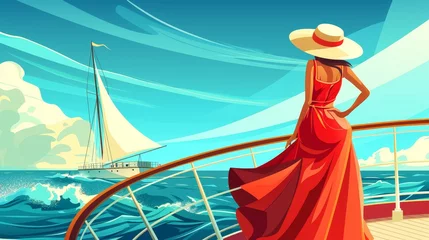  Summertime vacation journey on passenger vessel, girl in summer dress and hat relaxing on deck or quay, seascape view of cruise ship. Cartoon modern illustration. © Mark