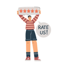 Rate us five stars positive feedback, customer ask review best rating, vector man standing and holding speech bubble