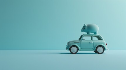 Whimsical Pastel Hued 3D Car with Perched Piggy Bank on Delicate Surface