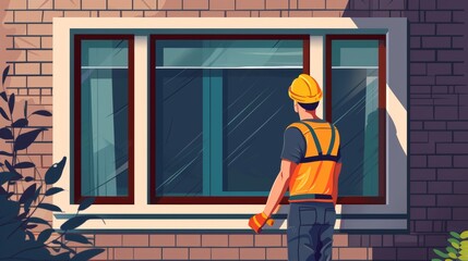 In this modern cartoon illustration, a worker is installing polyurethane foam on a window in a brick wall. Construction and repair works services. - obrazy, fototapety, plakaty