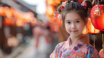 Fototapeta premium Young Girl in Kimono Standing Near Lanterns