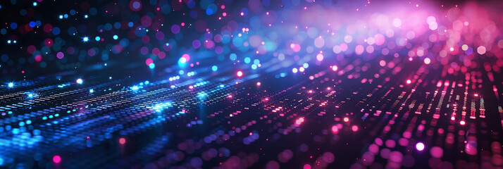 Fototapeta premium purple and blue Digital data technology background with pixel light effect,cyber technology circuit, abstract tech, innovation future data, internet network, Ai big data,banner
