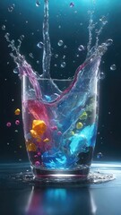 Water splash and color splash background with glass and blue background.