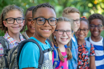Group of happy friends, smiling children with backpacks