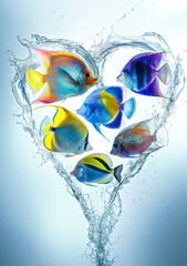 A vivid heart-shaped water splash encircles a group of colorful tropical fish, symbolizing marine love and aquatic artistry