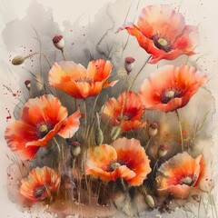 Soft brushes of watercolor illustrate a cluster of wild poppies, their vivid oranges and reds popping against a muted backdrop, symbolizing wild freedom